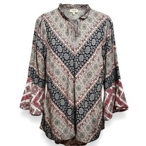 Boho Chic Paisley Patterned Blouse w/Faux Buttons & Bell Sleeves